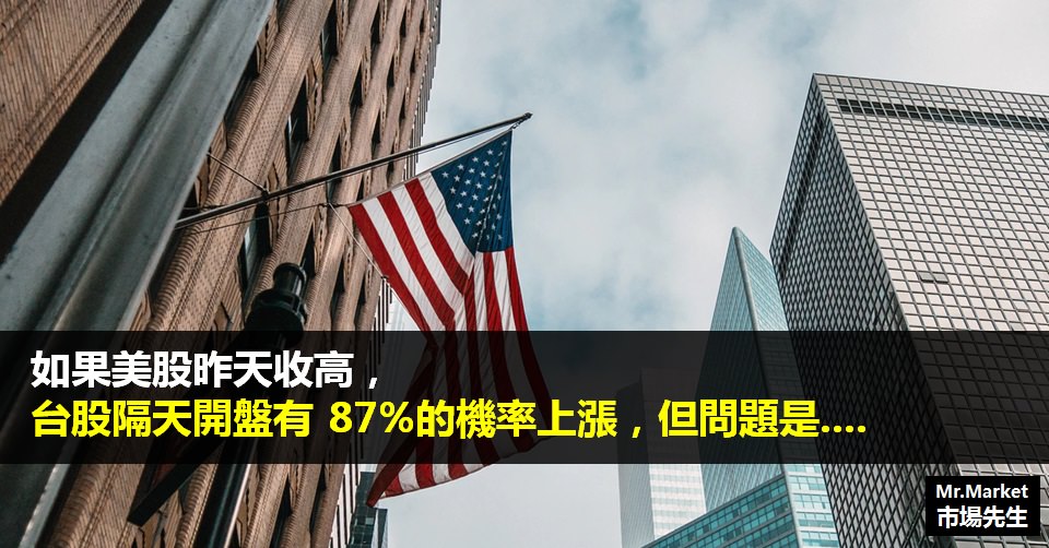 如果美股昨天收高，台股隔天開盤有 87%的機率上漲，但問題是….