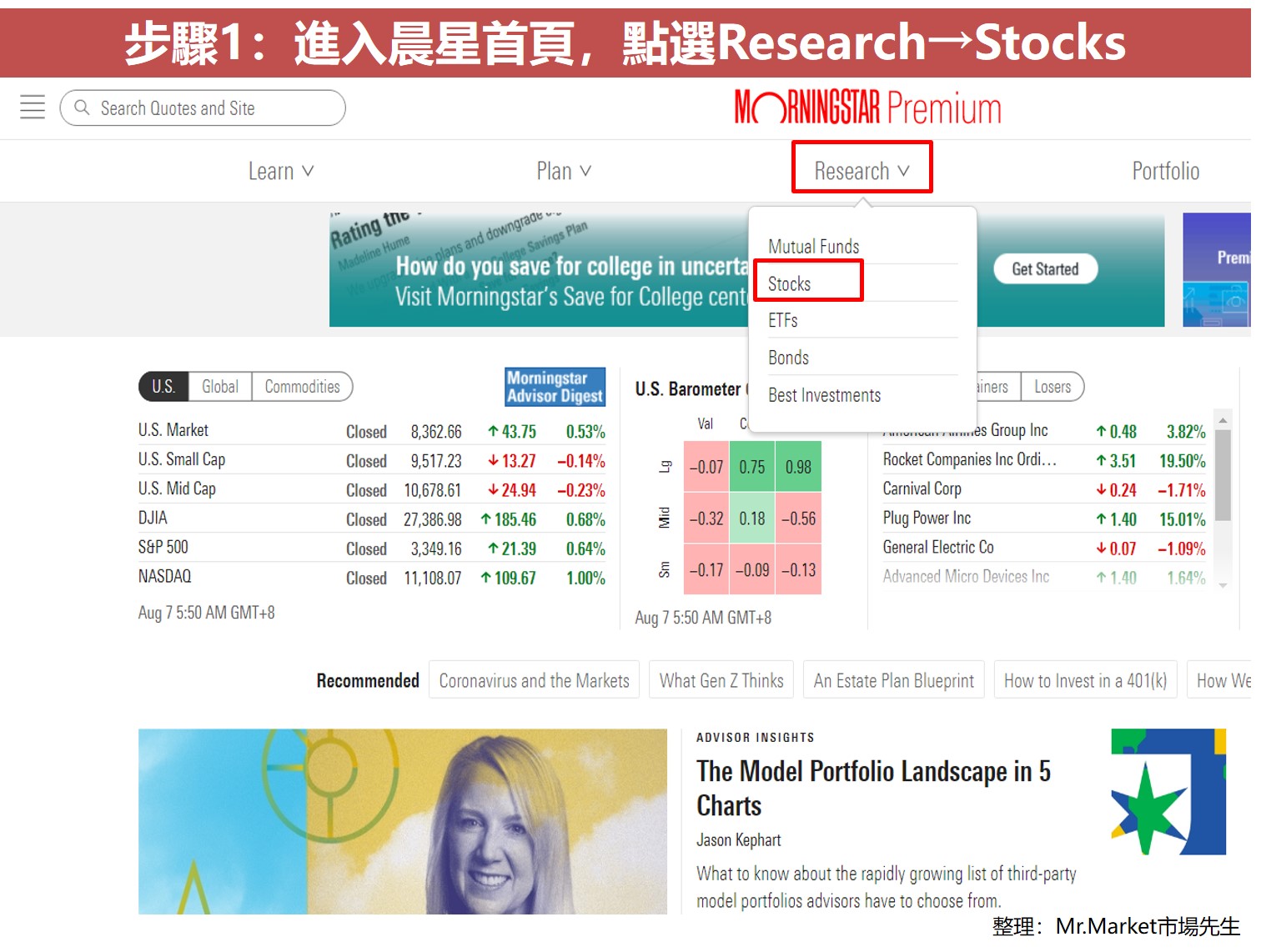 步驟1：進入晨星首頁，點選Research→Stocks
