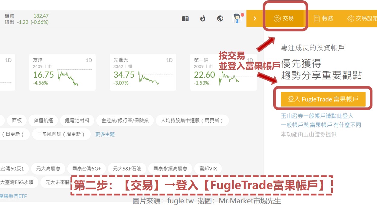 第二步：【交易】→登入【FugleTrade富果帳戶】