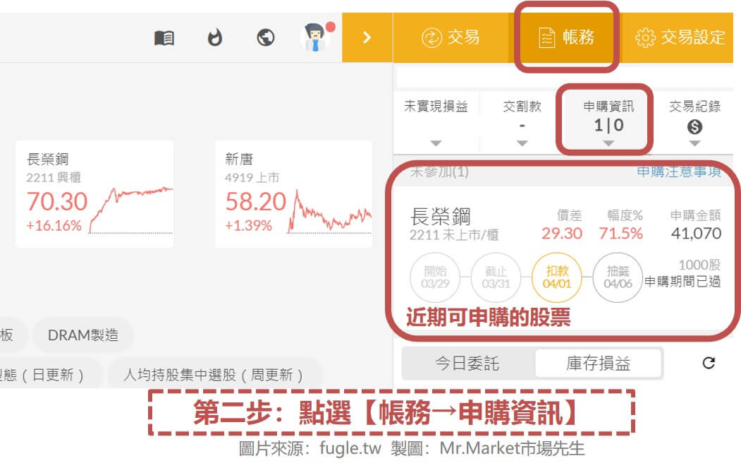 第二步：點選【帳務→申購資訊】