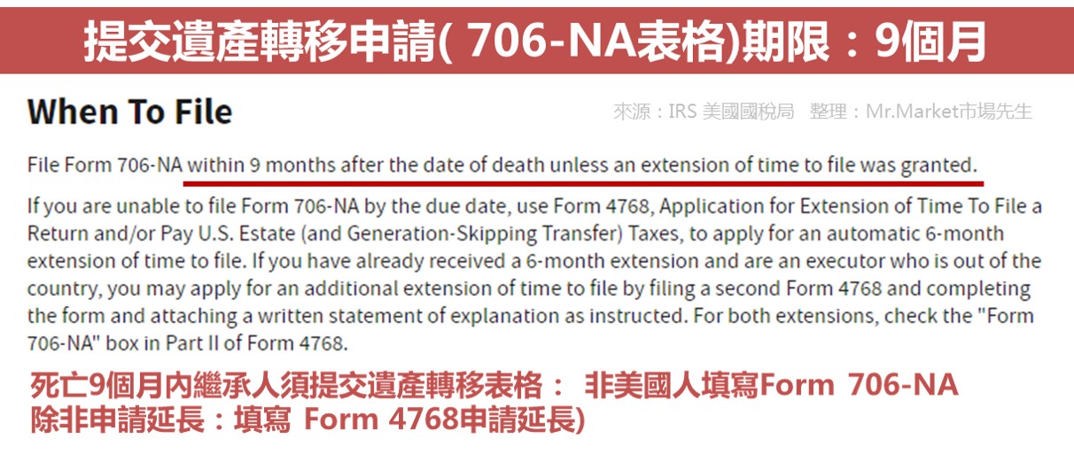 美股投資遺產轉移申請表格706NA 9個月內繳交