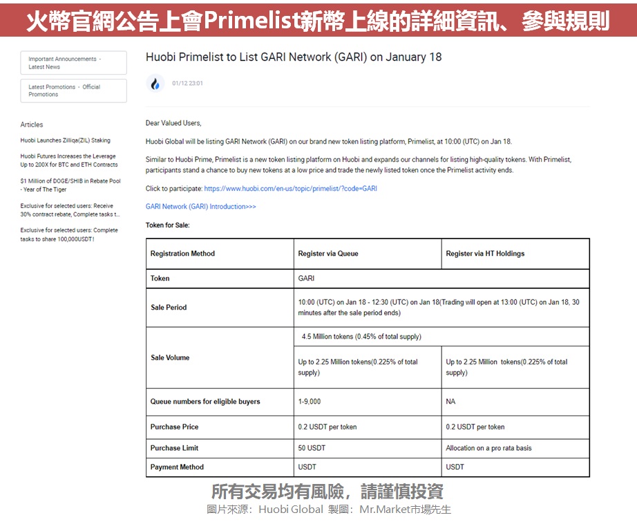 火幣官網公告上會Primelist新幣上線的詳細資訊、參與規則
