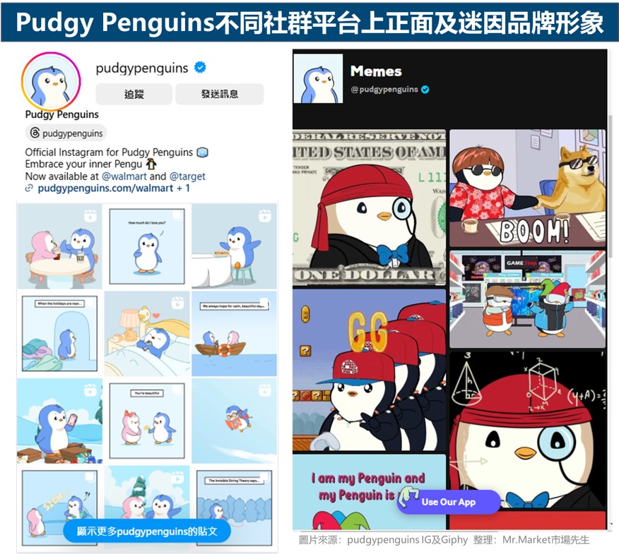 Pudgy Penguins不同社群平台上正面及迷因品牌形象
