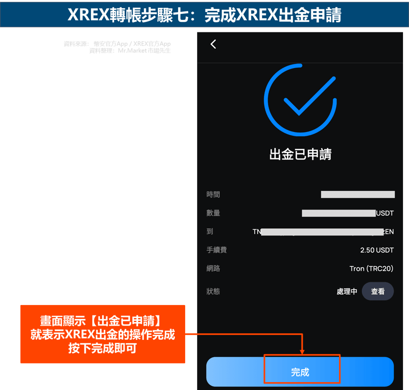 XREX轉帳步驟七：完成XREX出金申請