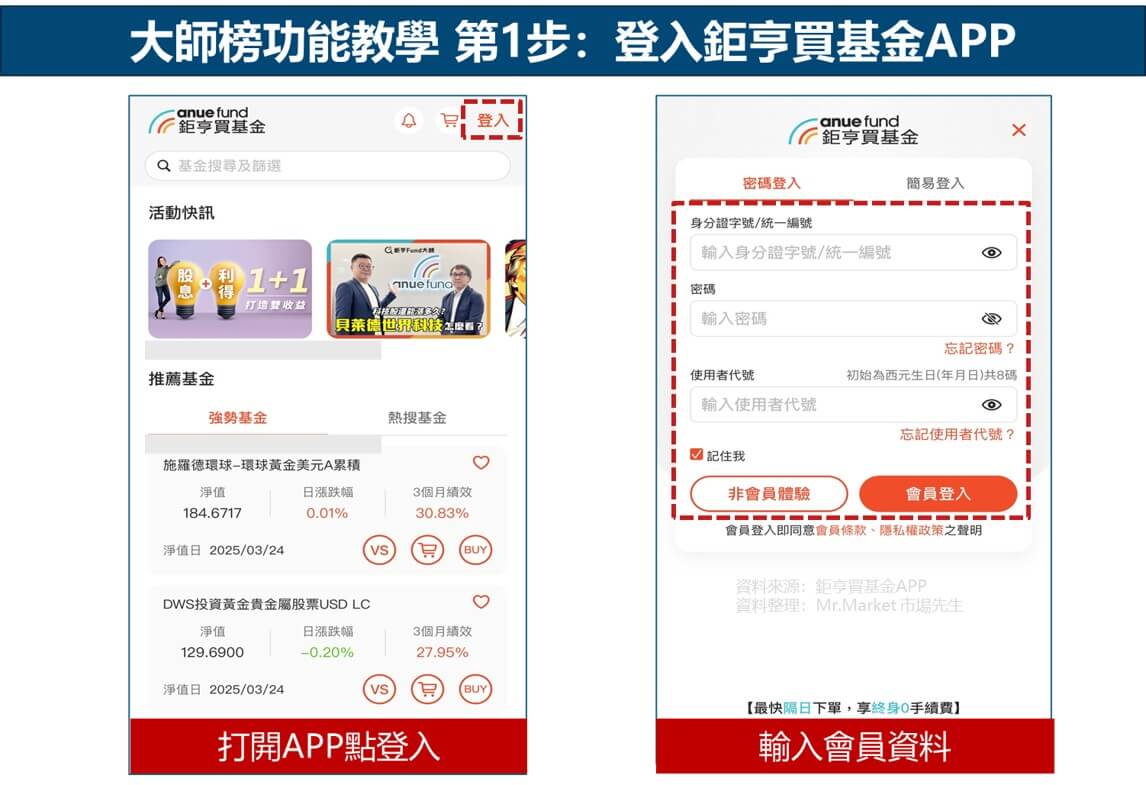 大師榜功能教學 步驟1：登入鉅亨買基金APP