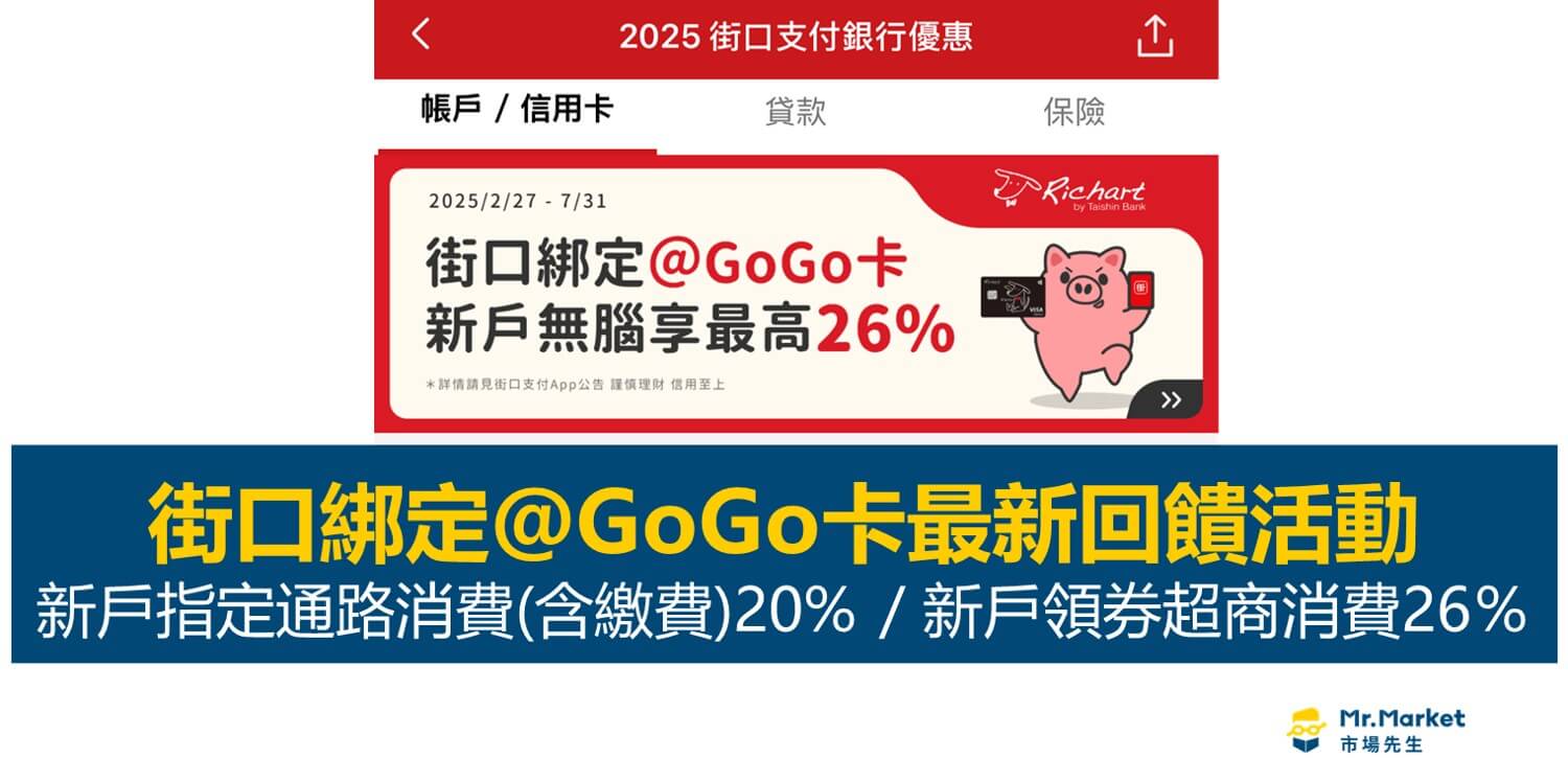 街口綁定＠GoGo卡最新回饋活動：新戶指定通路消費(含繳費)20% /新戶領券超商消費最高26％