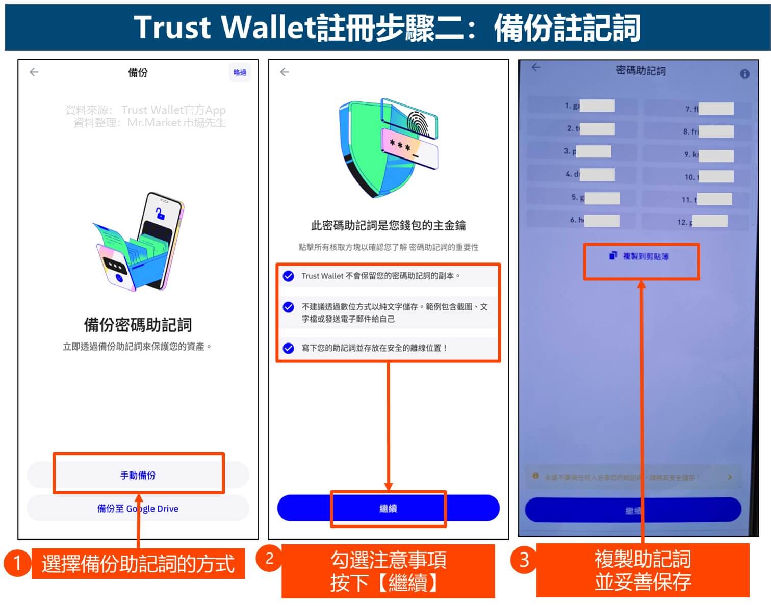 Trust Wallet註冊步驟二：備份註記詞