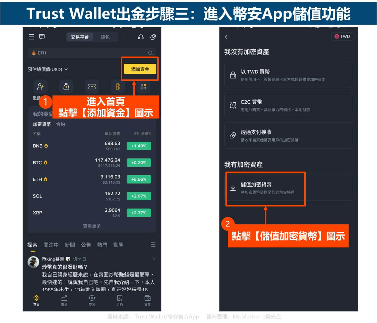 Trust Wallet出金步驟三：進入幣安App儲值功能