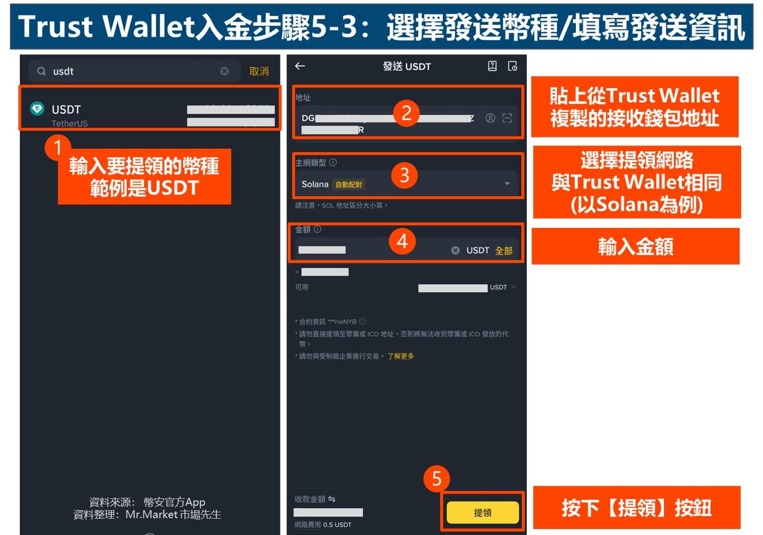 Trust Wallet入金步驟5-3：選擇發送幣種-填寫發送資訊