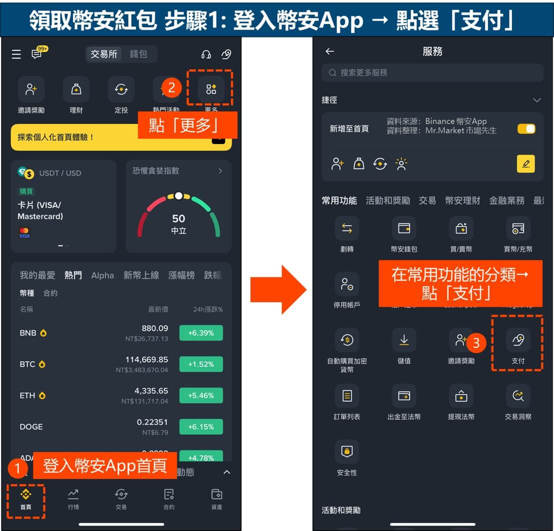 領取幣安紅包 步驟1: 登入幣安App ⭢ 點選「支付」