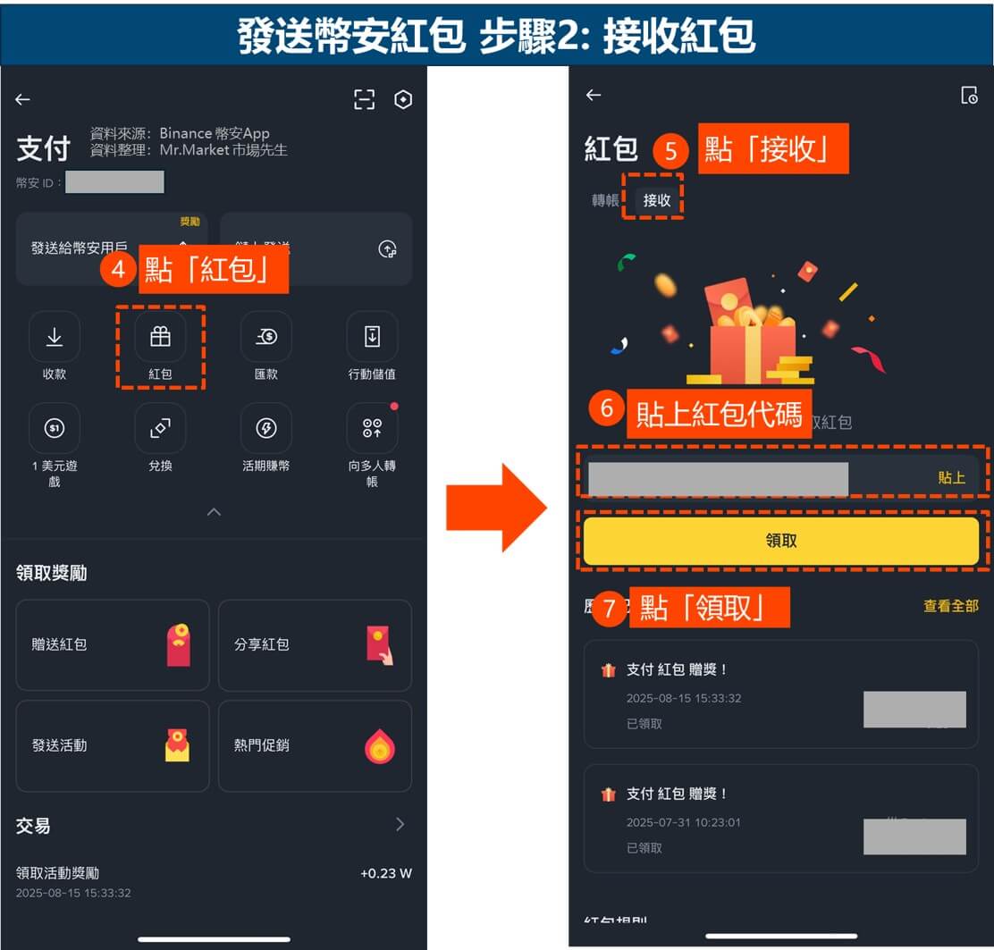 發送幣安紅包 步驟2: 接收紅包