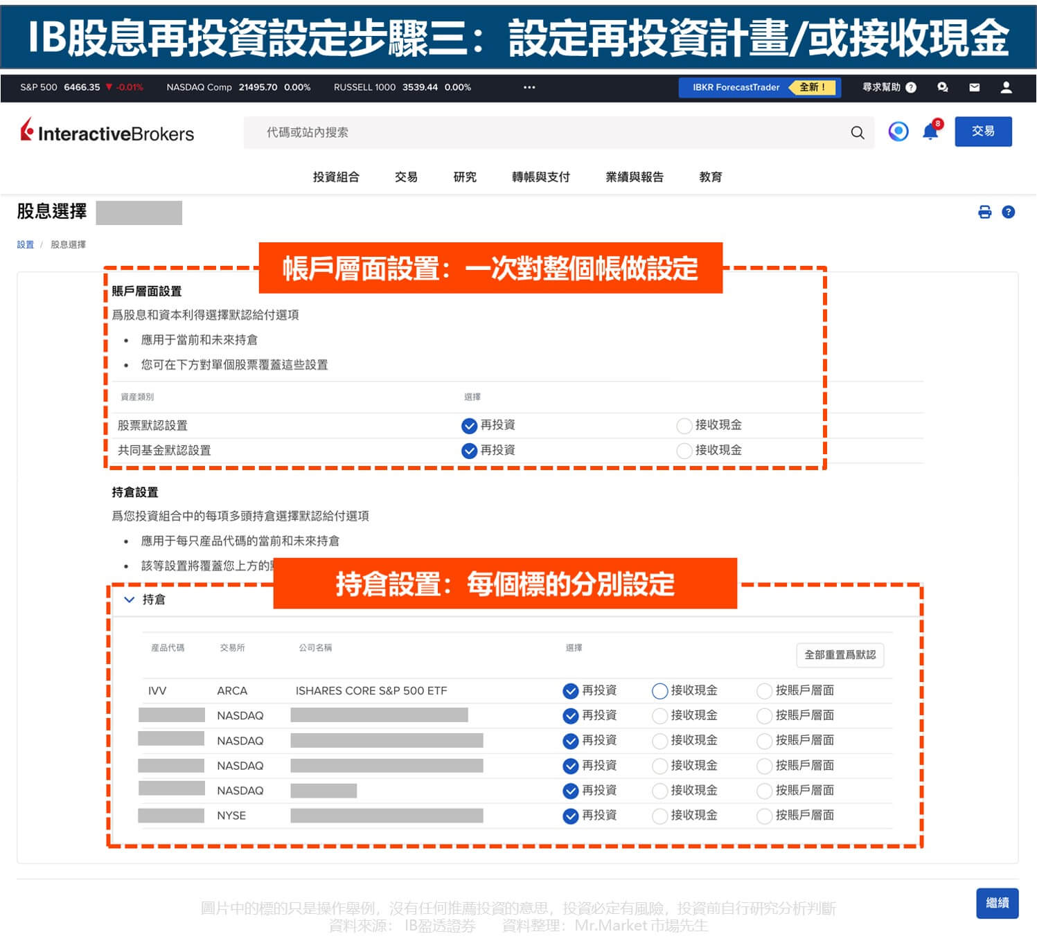 IB股息再投資設定步驟三：設定再投資計畫或接收現金