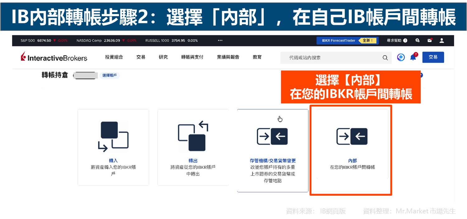 IB盈透證券內部轉帳步驟2:選擇「內部」,在自己IB帳戶間轉帳