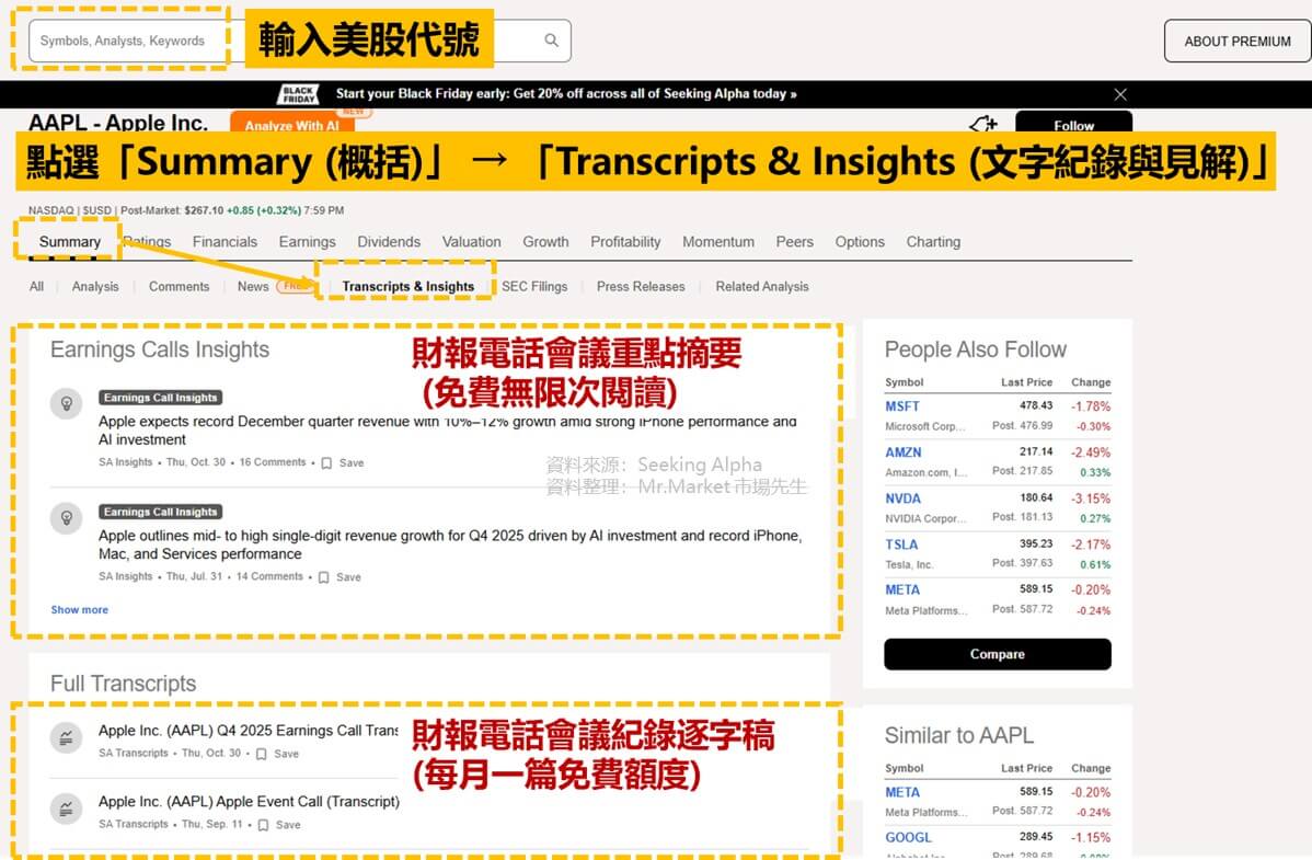 免費美股網站推薦seeking alpha 特色:財報逐字稿
