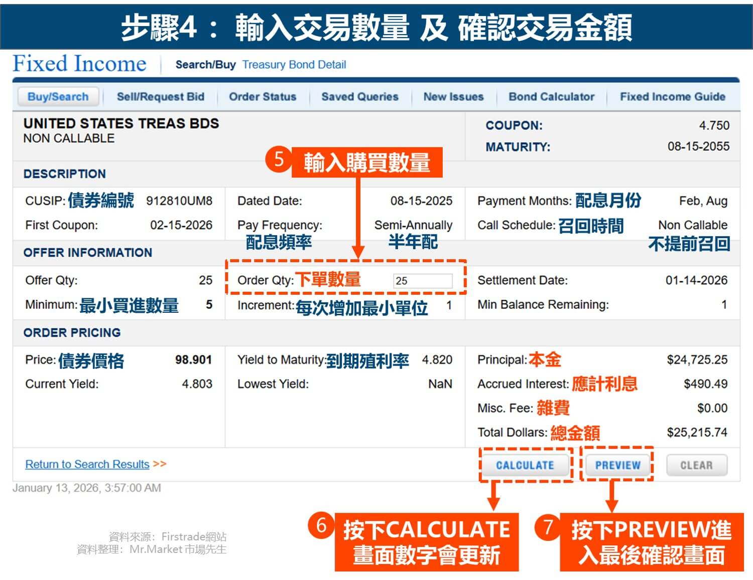 Firstrade買美債步驟4_輸入交易數量和確認交易金額_市場先生整理